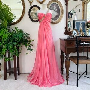 La Femme Coral Pink One-Shoulder Evening Gown with Beaded Strap